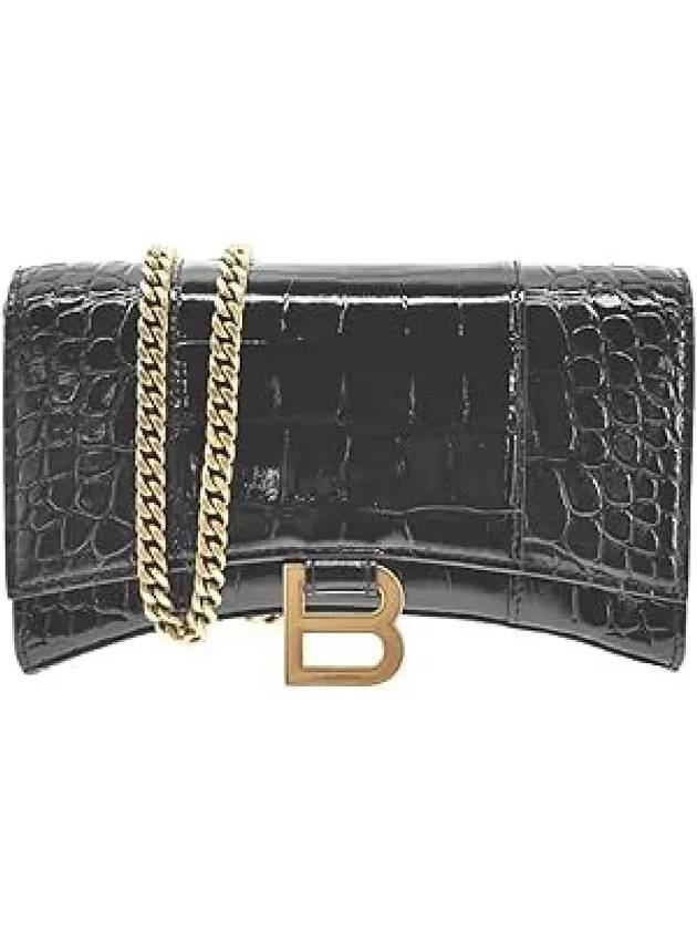 Luxury Balenciaga Trending 2026 Hourglass Chain Crocodile Embossed Calfskin Medium Wallet Black