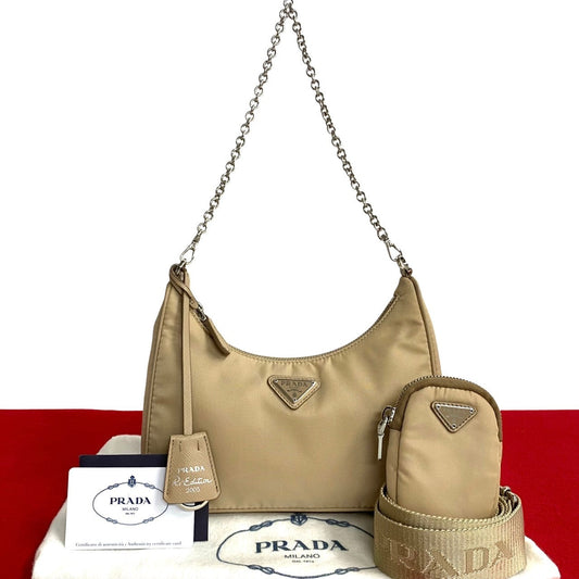 PRADA Shoulder Bag Nylon beige Triangle Logo Metal Re:Edition Women