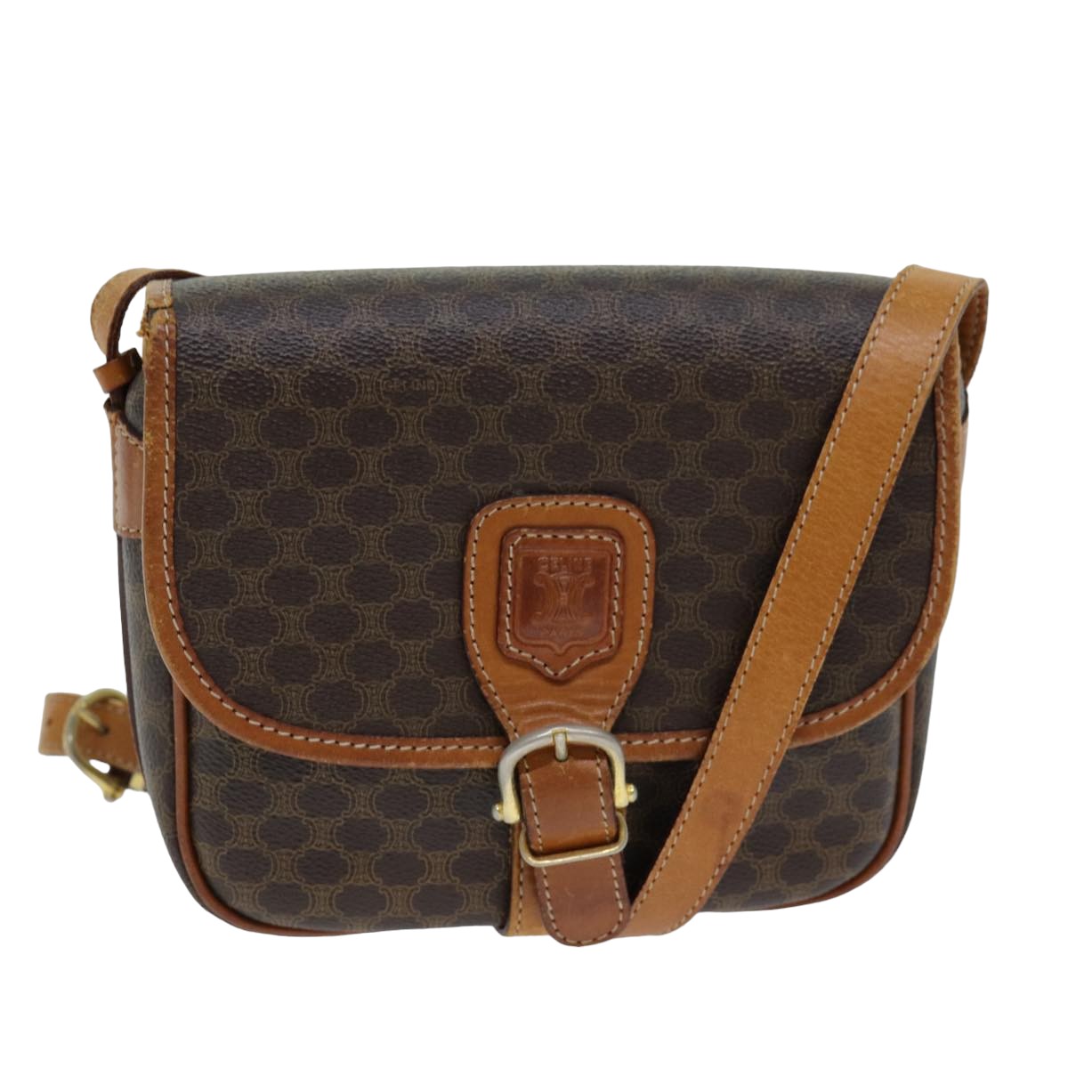 Luxury CELINE Macadam Canvas Shoulder Bag PVC Leather Brown 78765