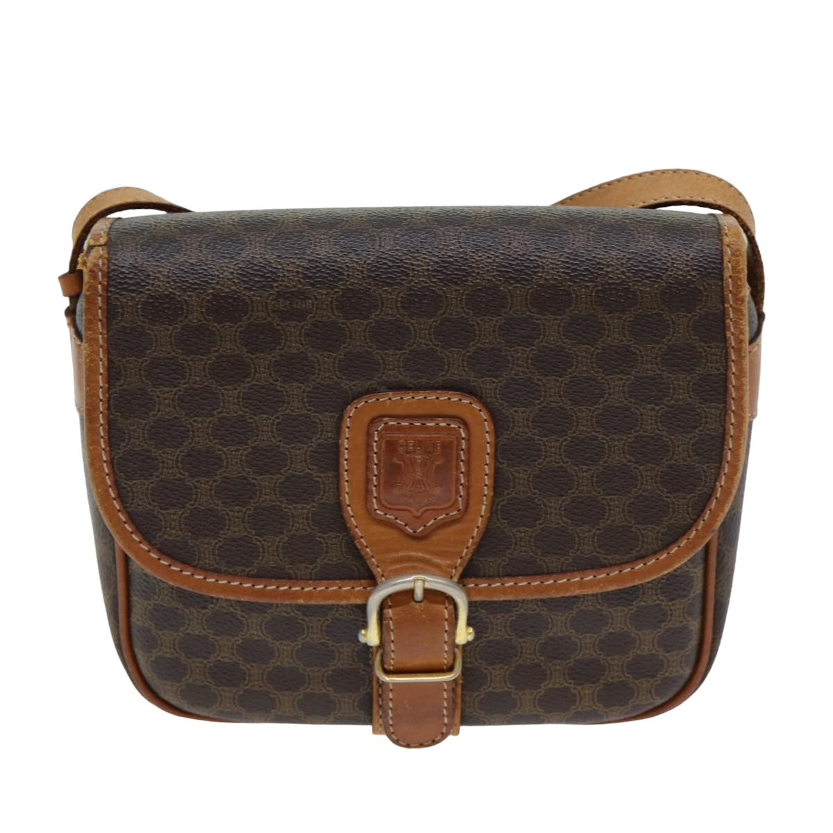 Luxury CELINE Macadam Canvas Shoulder Bag PVC Leather Brown 78765