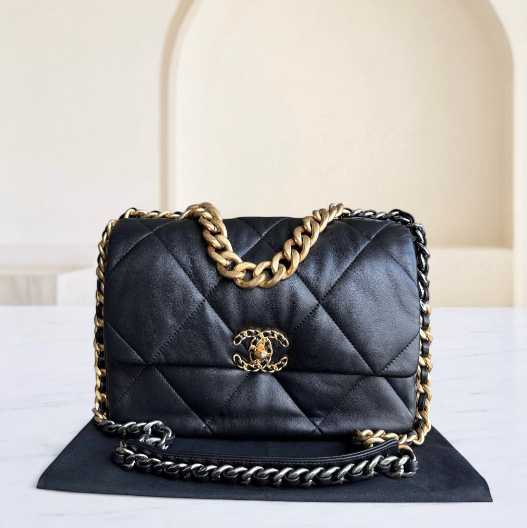 Chanel 19 Bag C19 Medium - Quilted Goatskin Black Two-Tone Gold Hardware Microchip