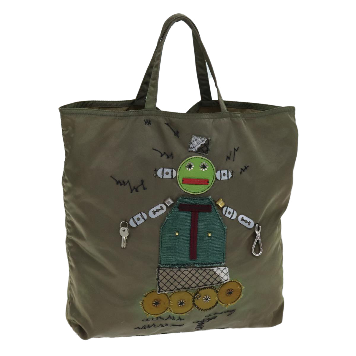 PRADA Robot Tote Bag Nylon Khaki Auth