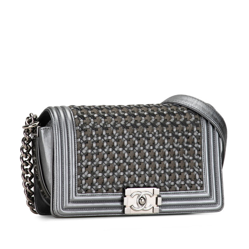 Chanel Boy Chanel 25 Chain Shoulder Bag Khaki Silver Leather CHANEL