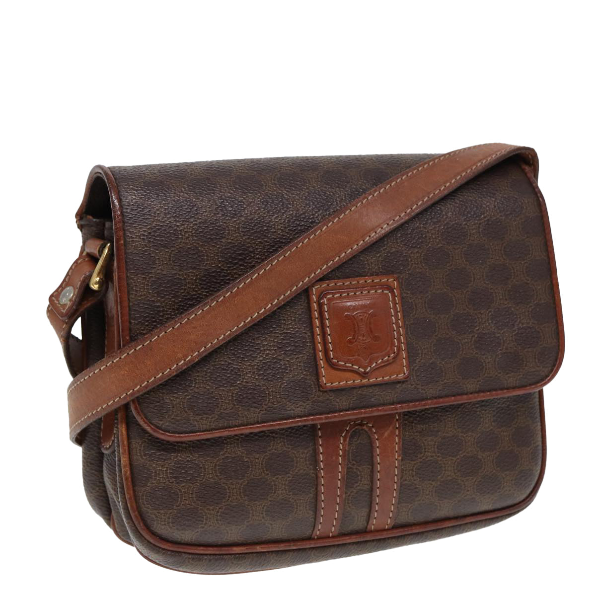 Luxury CELINE Macadam Canvas Shoulder Bag PVC Leather Brown 79666