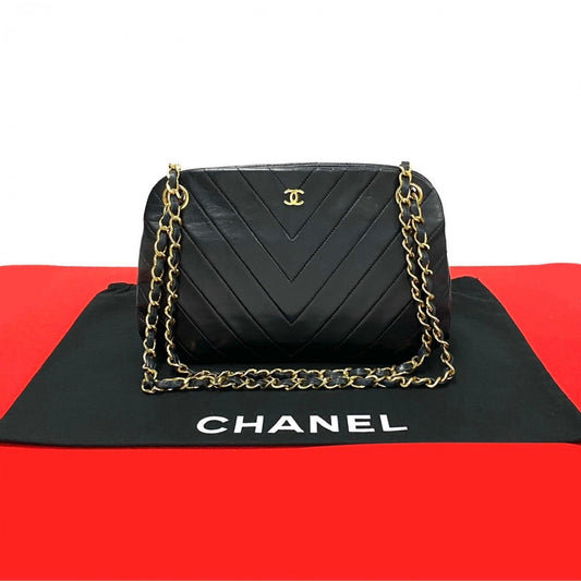 CHANEL Shoulder Bag lambskin black COCO Mark Vstitch Women