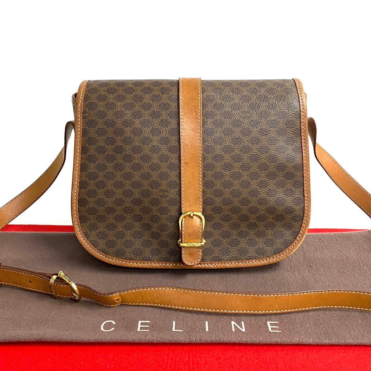 CELINE Shoulder Bag Leather, PVC Brown Macadam Blason Triomphe Pattern mens