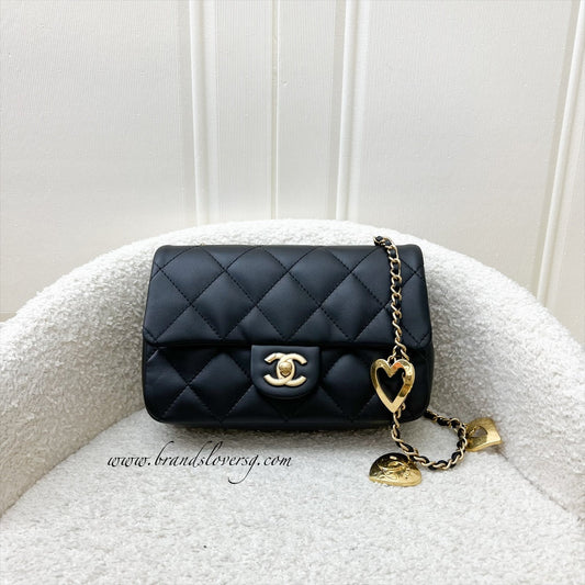 Chanel 22B Small Flap Bag with Heart Charms in Black Lambskin and AGHW