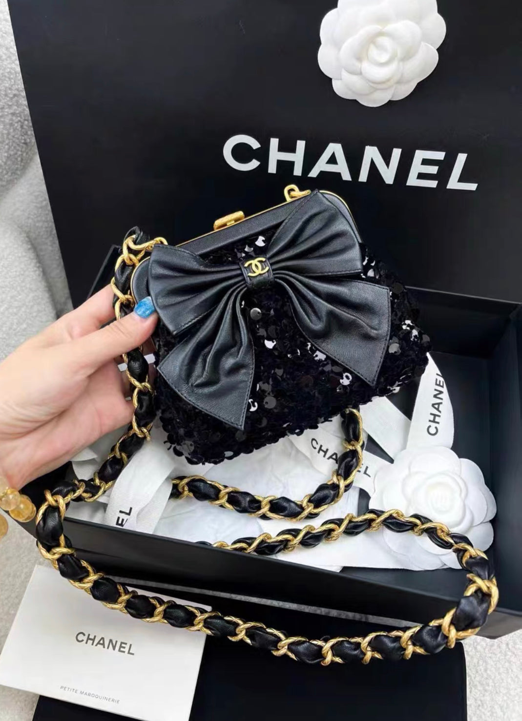 Chanel Metiers d Art 24A Black Sequin tweed Evening Mini Clutch Bag With Bow