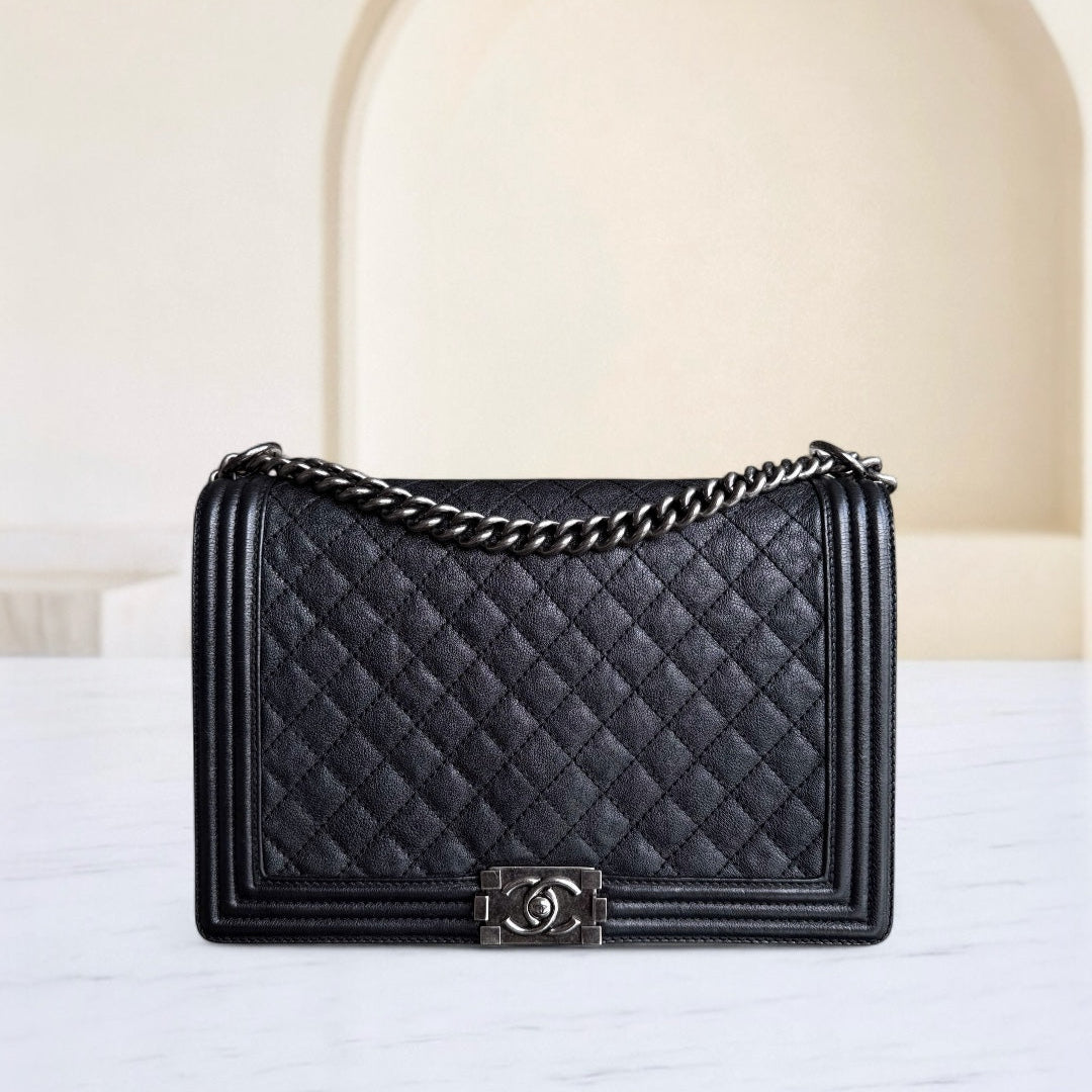 Chanel Boy Large - Quilted Grained Calfskin Black Silver Hardware Series 18
