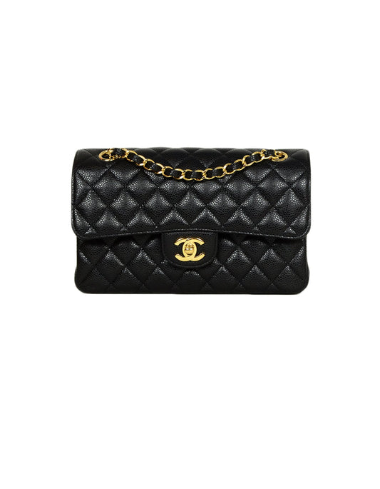 Chanel Black Quilted Caviar Leather 9" Small Double Flap Classic Bag GHW
