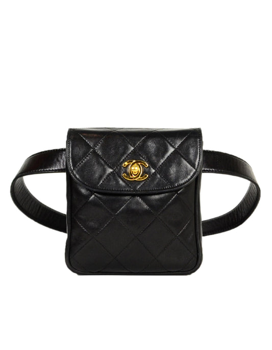 Chanel '90s Black Lambskin Quilted Belt Bag sz 75/30"