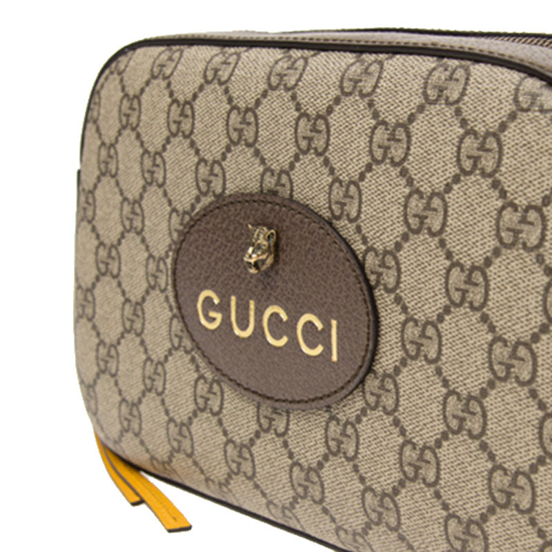 GUCCI Neo  Metallic Tiger Head Logo Stripe Webbing Shoulder Messenger Bag Unisex / / Brown / Yellow 476466-K9GVT-8856