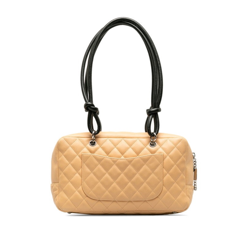 Chanel Cambon Cocomark Bowling Bag Handbag Mini Boston Bag Beige Leather CHANEL