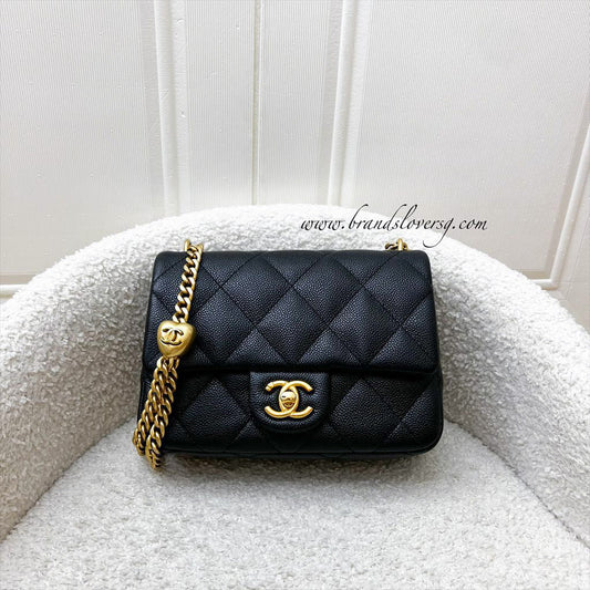[Local Set - 2023] Chanel 23P Heart Adjustable Chain Mini / Small Flap Bag in Black Caviar and AGHW (Model: AS3829)