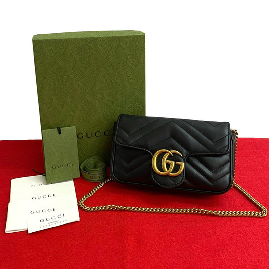 GUCCI Shoulder Bag leather black GG Marmont quilted small bag
