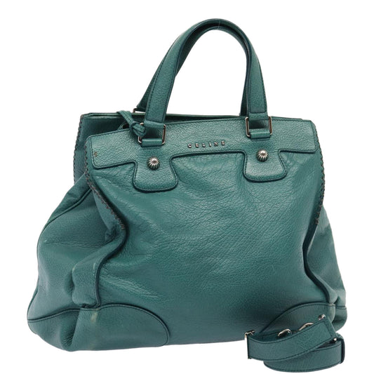 Luxury CELINE Hand Bag Leather 2way Turquoise Blue 80082
