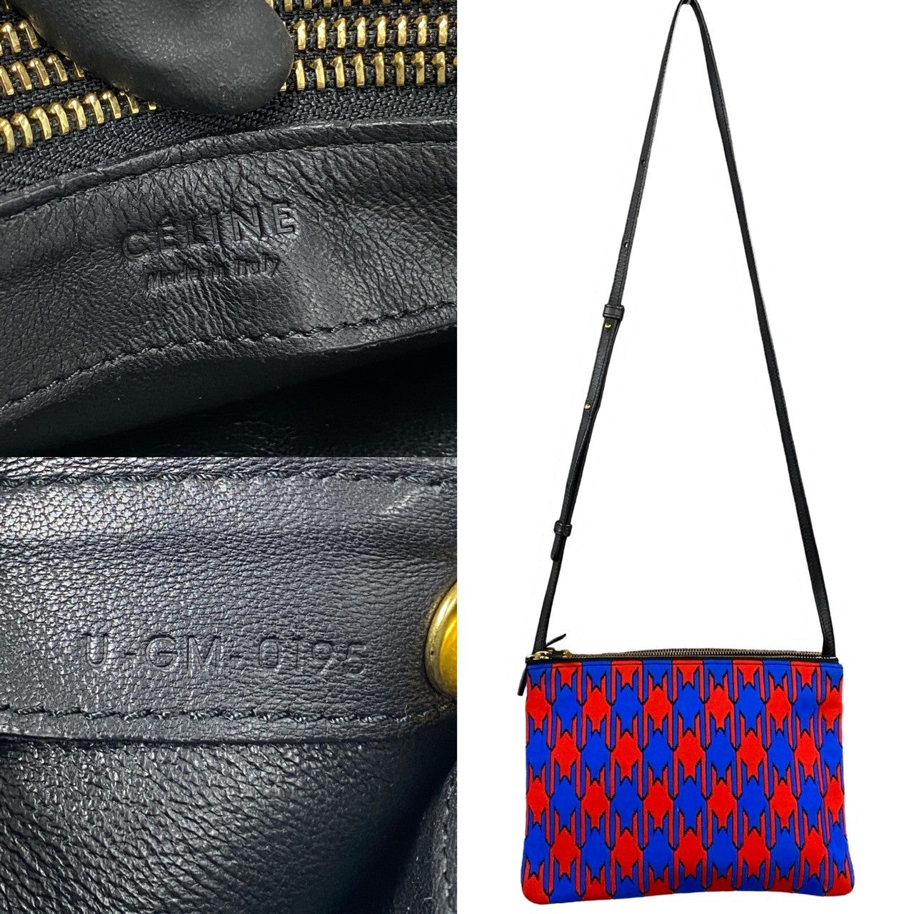 CELINE Shoulder Bag Leather, Cotton black Houndstooth pattern trio Women