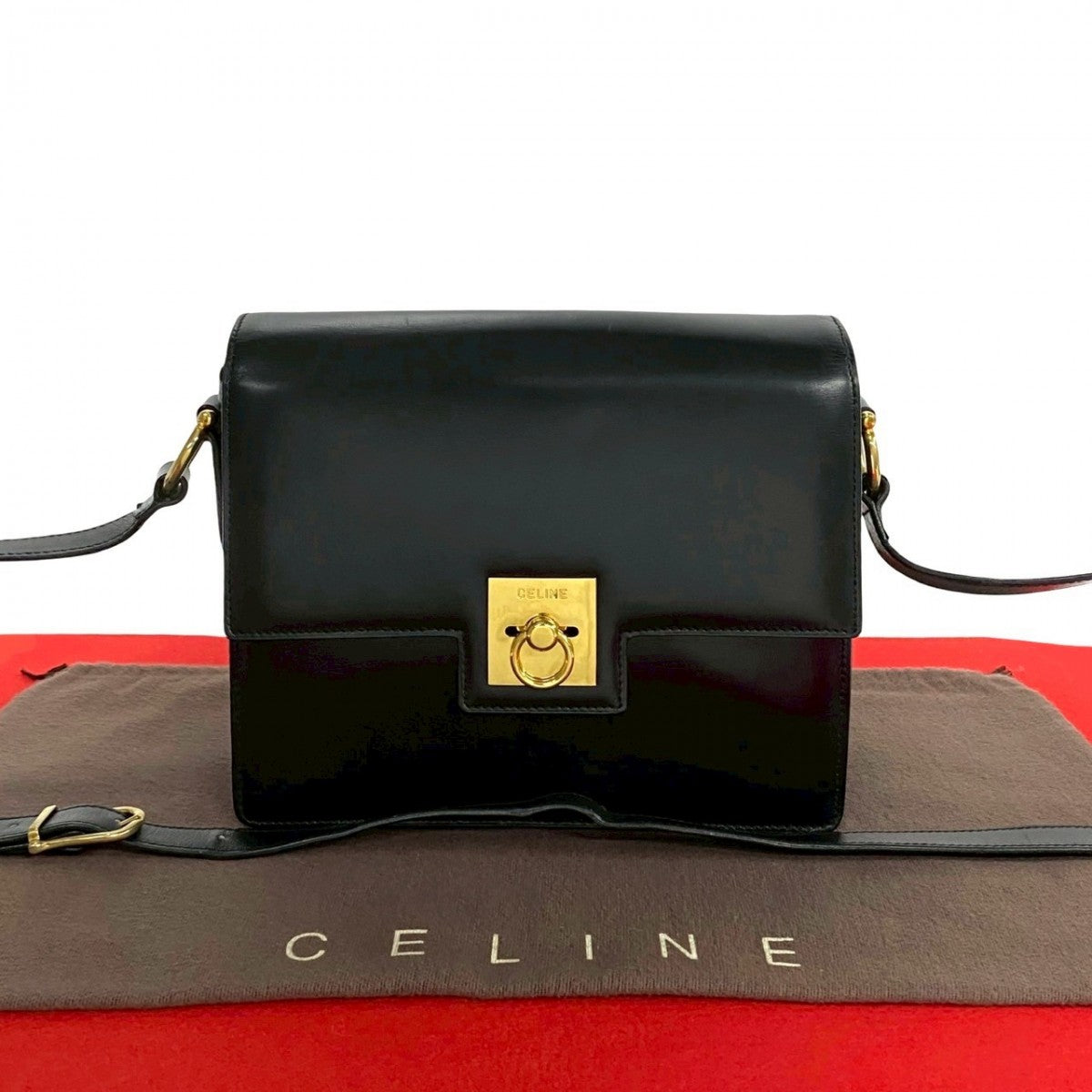 CELINE Shoulder Bag Calfskin, Leather black logo ringMetal Women