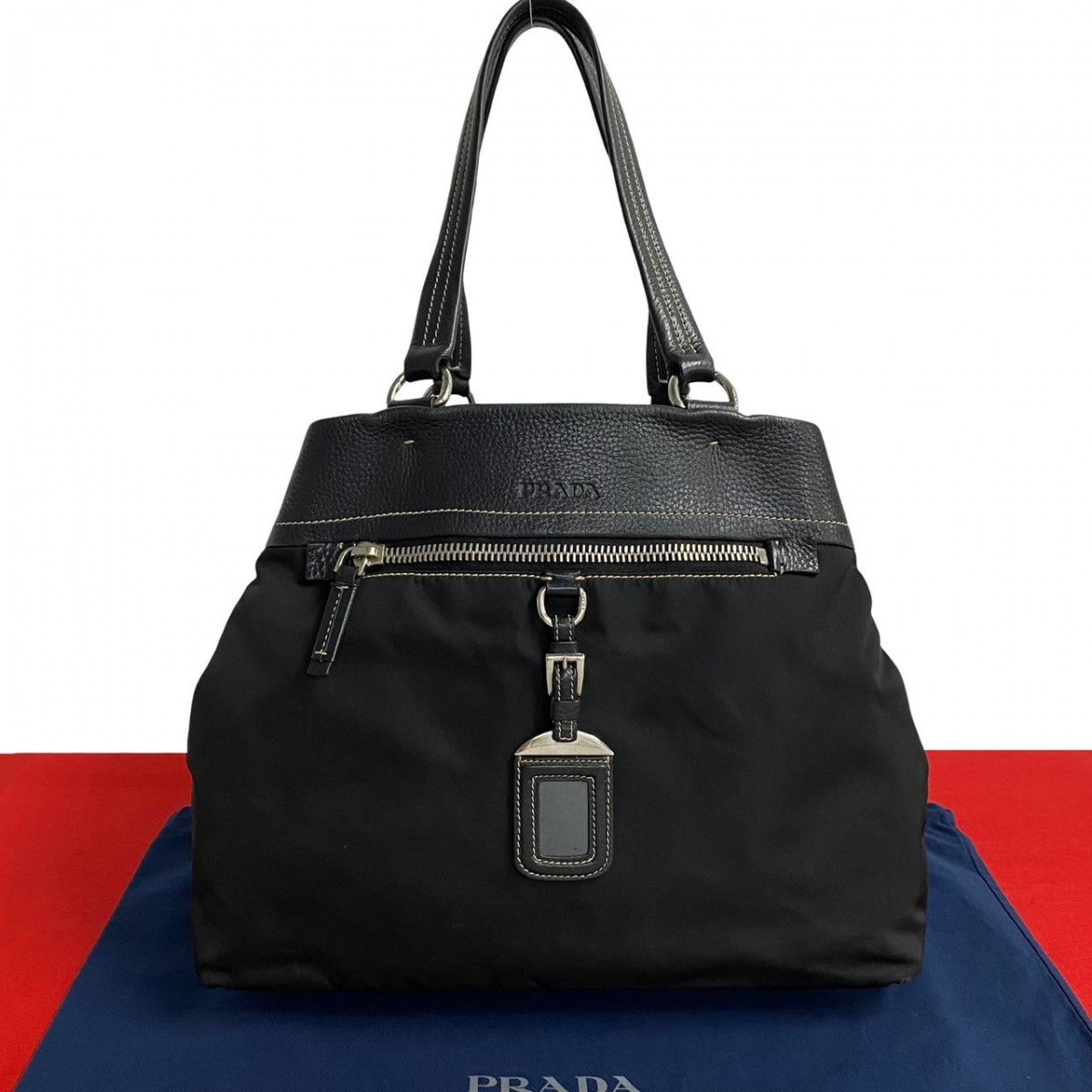 PRADA Tote Bag leather black PRADA logo Metal Women