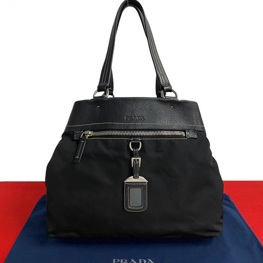 PRADA Tote Bag leather black PRADA logo Metal Women
