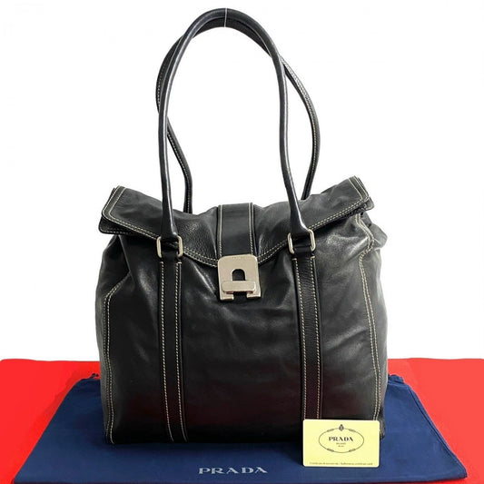 PRADA Tote Bag leather black logo turn lock Metal Women