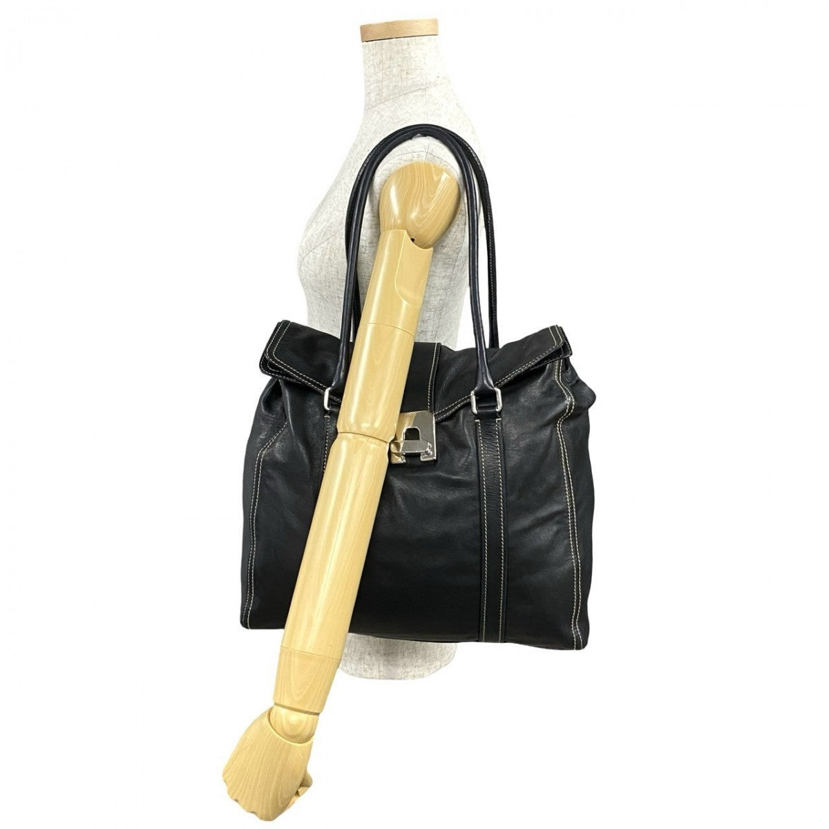 PRADA Tote Bag leather black logo turn lock Metal Women