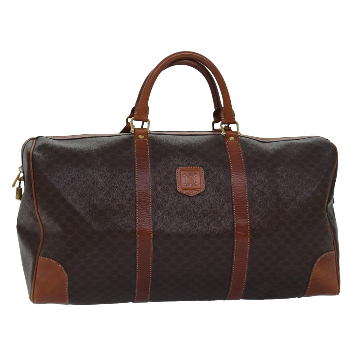 Luxury CELINE Macadam Canvas Boston Bag PVC Leather Brown 80882