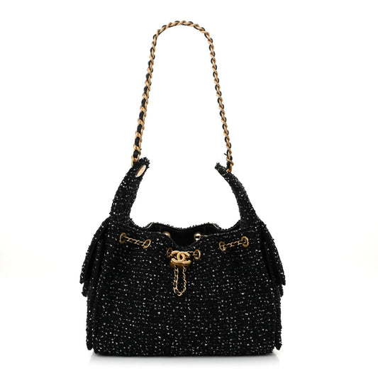 Tweed Quilted Small Chanel 25 Handbag Black