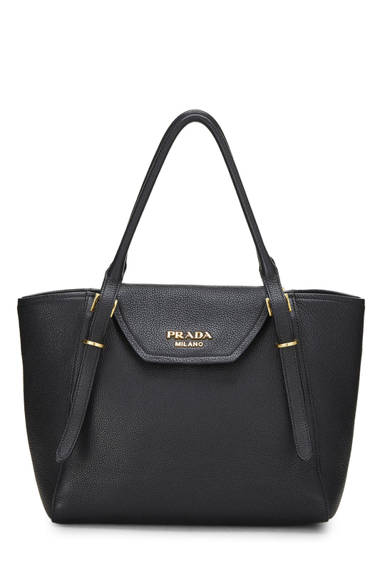 Prada, Black Vitello Daino Convertible Top Handle Tote, Black