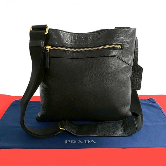 PRADA Shoulder Bag leather black Logo embossing Women