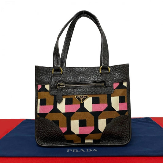 PRADA Handbag Leather, Canvas Brown Triangle Logo Metal Women