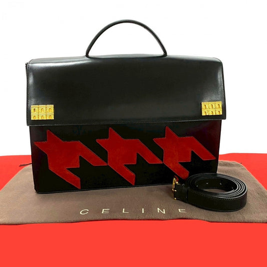 CELINE Shoulder Bag Calfskin, Leather black Arc de Triomphe motif houndstooth mens