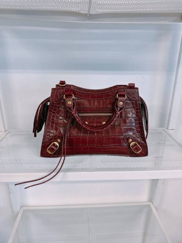 Luxury Balenciaga Trending 2026 Women s Burgundy Neo Classic Croc Calf Leather Mini City Bag 638524 23EF1 6526