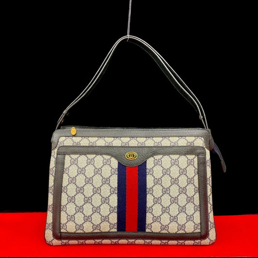 GUCCI Shoulder Bag Leather, PVC Navy GG logo Metal Sherry line Women