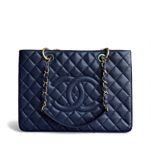 Chanel GST Grand Shopping Tote - Caviar Quilted Grained Calfskin Dark Navy Blue Gold Hardware Series 19