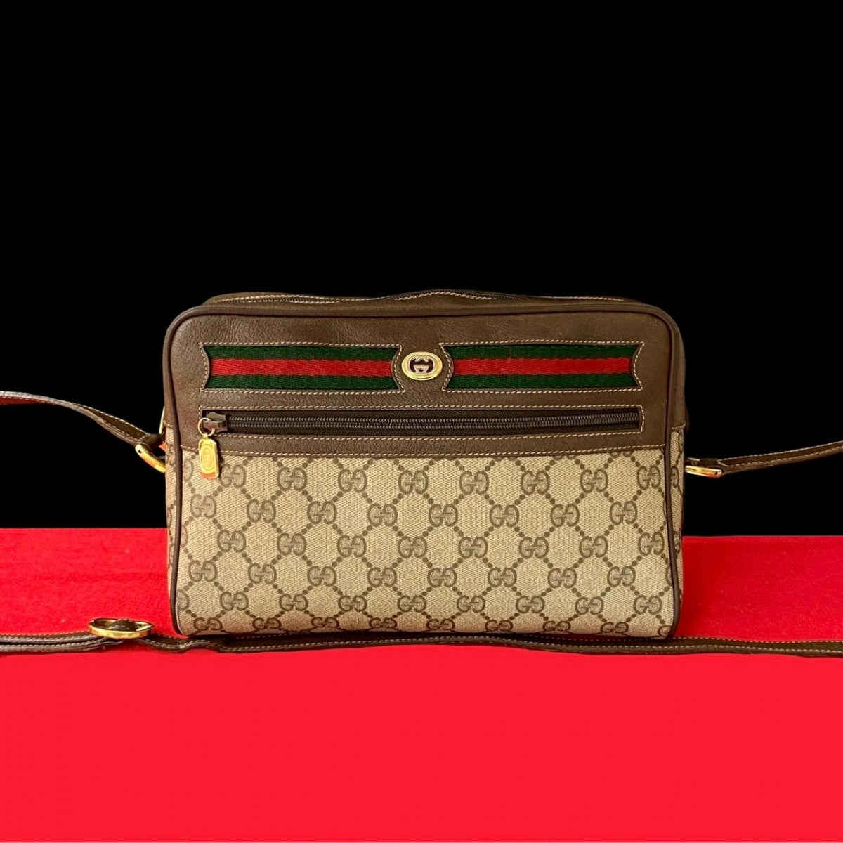 GUCCI Shoulder Bag Leather, PVC Brown GG logo Metal Sherry line Women