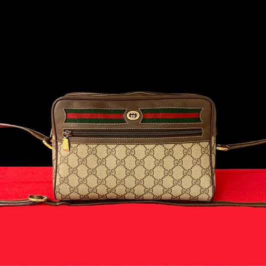 GUCCI Shoulder Bag Leather, PVC Brown GG logo Metal Sherry line Women
