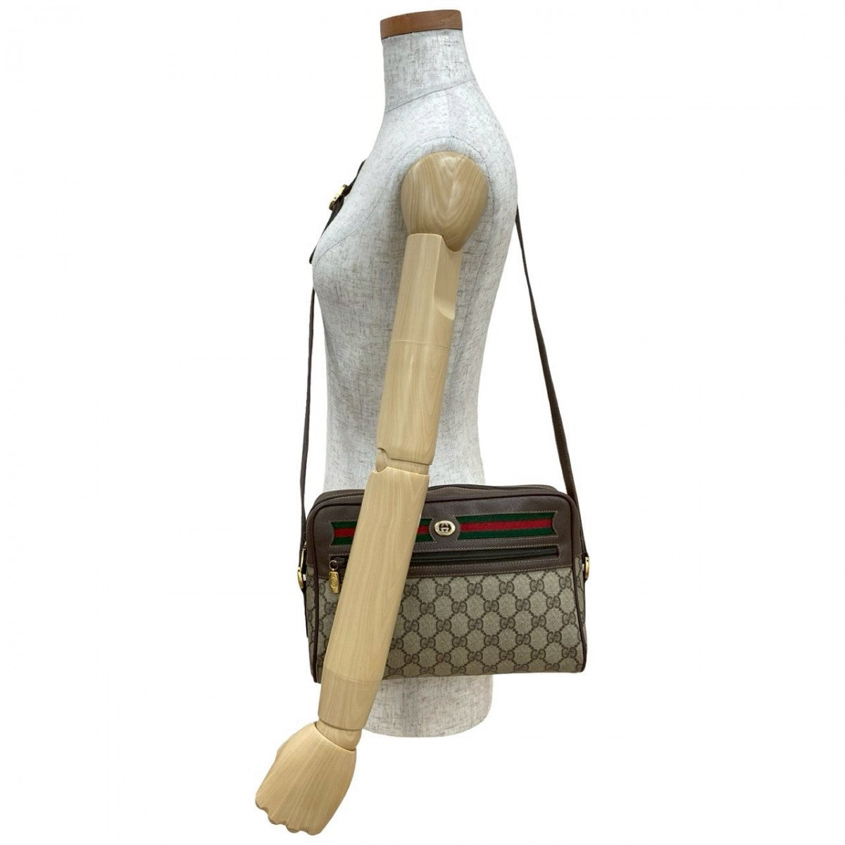 GUCCI Shoulder Bag Leather, PVC Brown GG logo Metal Sherry line Women