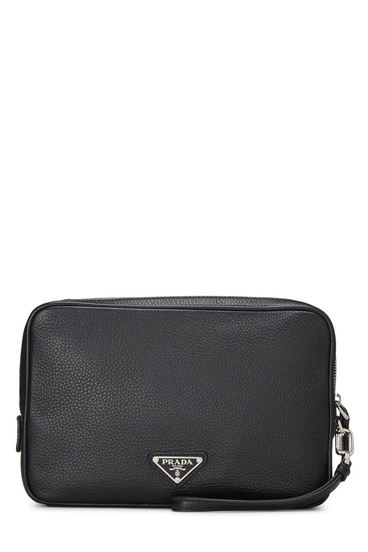 Prada, Black Vitello Daino Leather Clutch, Black