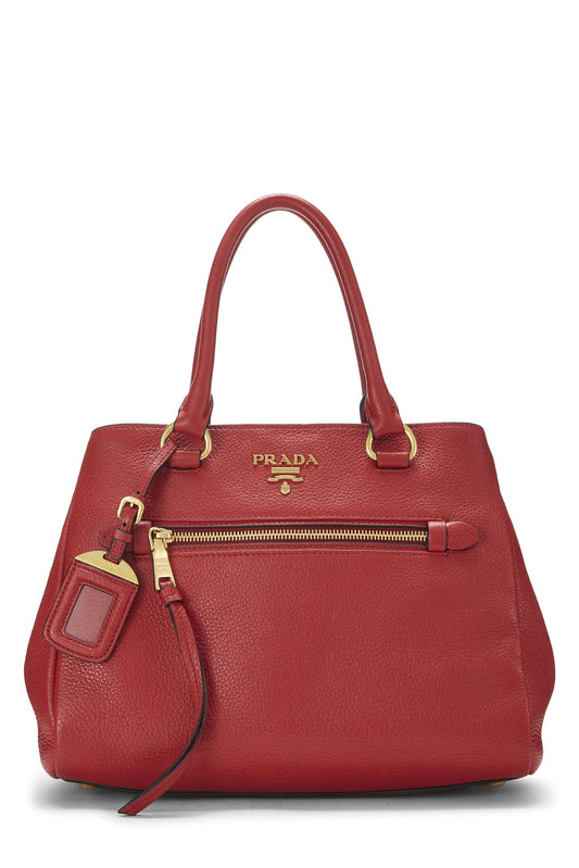 Prada, Red Vitello Daino Convertible Tote Small, Red
