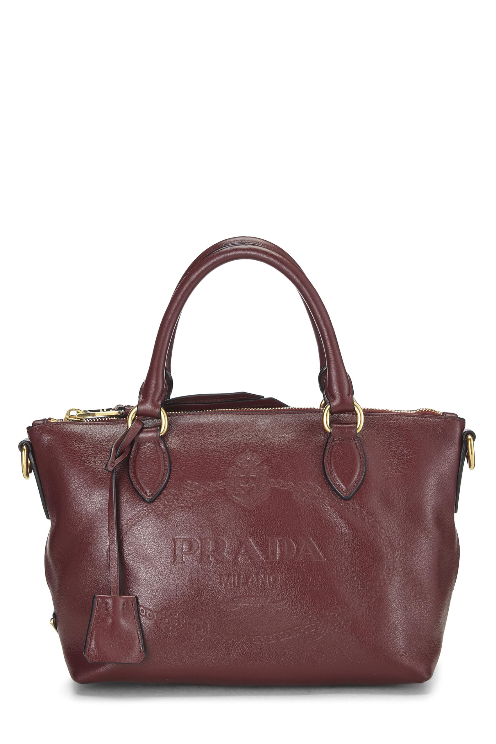 Prada, Burgundy Calfskin Logo Embossed Convertible Handbag, Burgundy