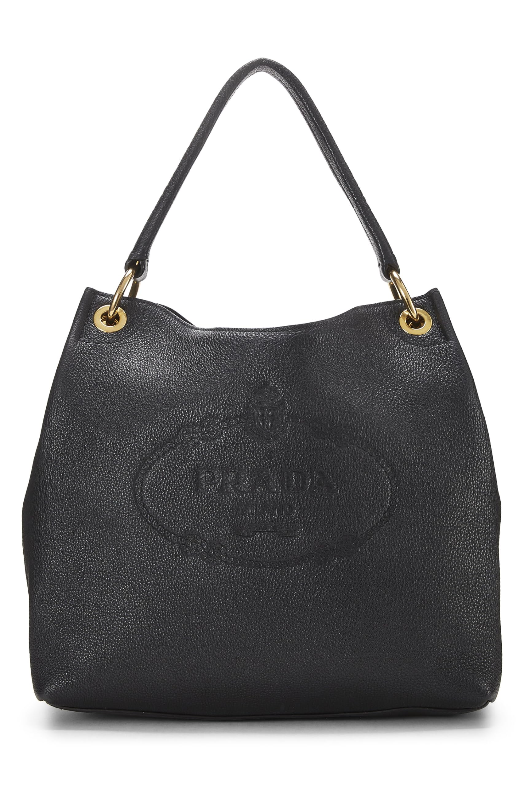 Prada, Black Vitello Daino Embossed Logo Hobo, Black