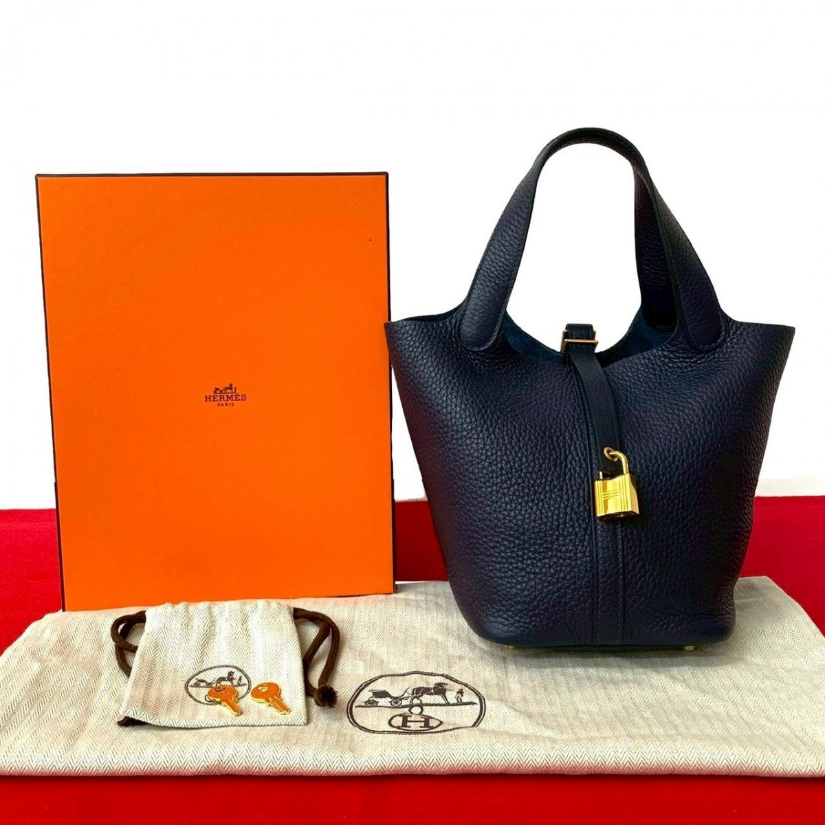 HERMES Handbag Taurillon Clemence Navy Picotan Lock PM