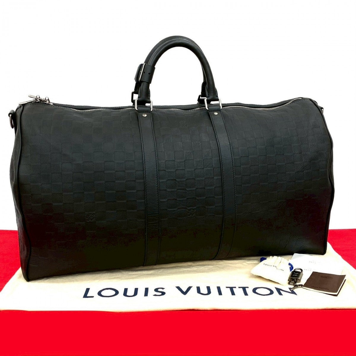 LOUIS VUITTON Boston Duffel bag leather black Damier Anfini Keepall 55