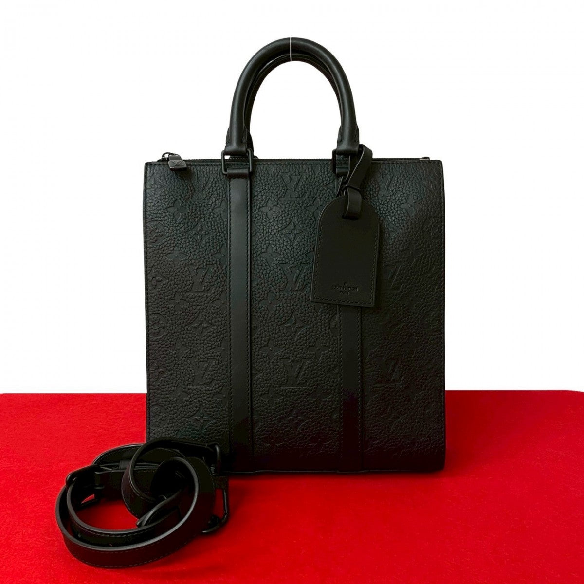 LOUIS VUITTON Shoulder Bag leather black Monogram Taurillon Clemence Sac Plat Cloth