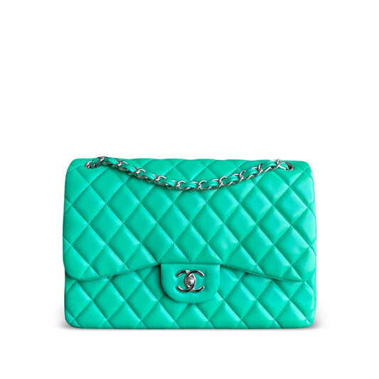 Chanel Classic Flap Jumbo - Double Flap 30CM Quilted Lambskin Green Silver Hardware Series 16