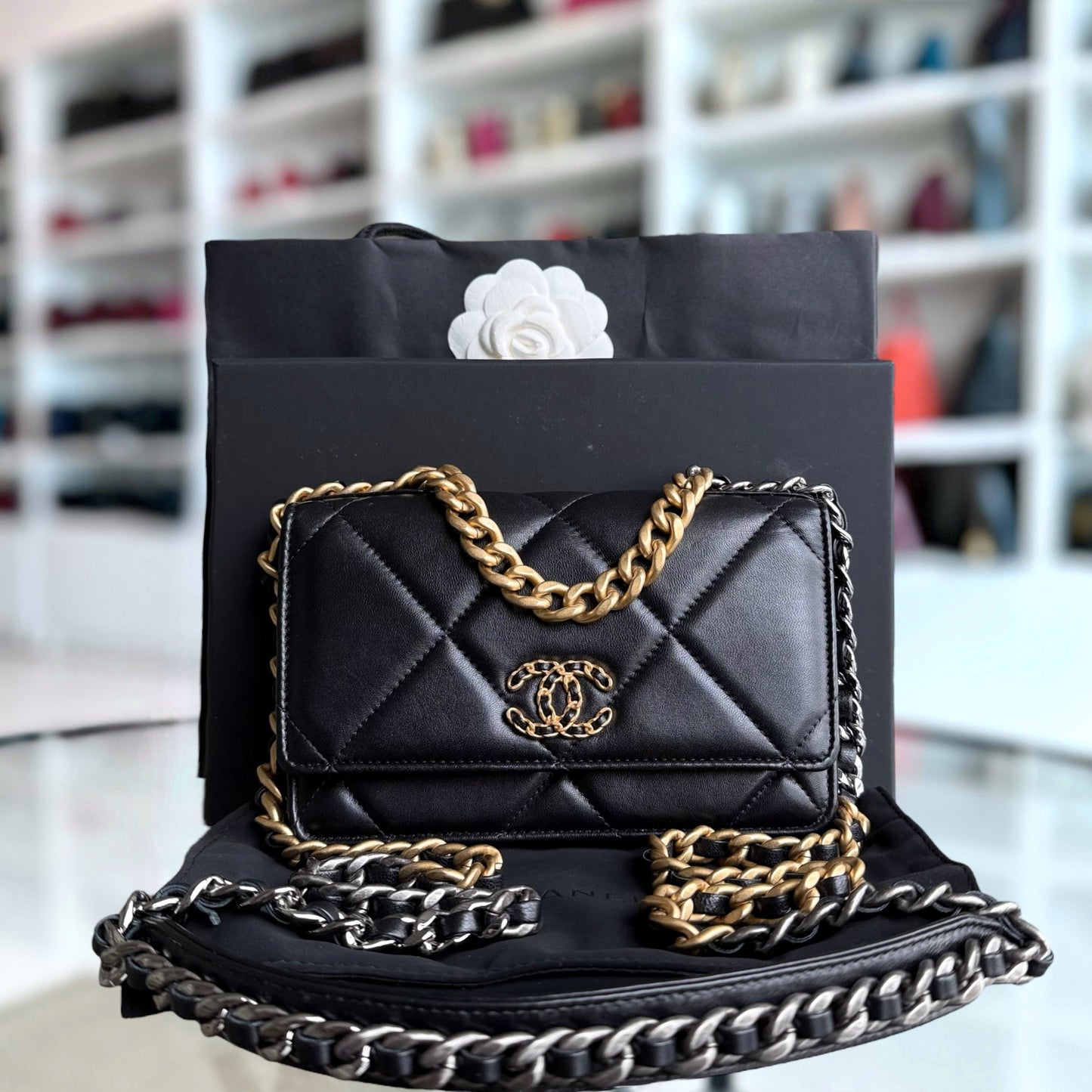 Chanel C19 WOC 19 Bag Wallet On Chain Quilted Lambskin Black Two Tone Gold Hardware Microchip