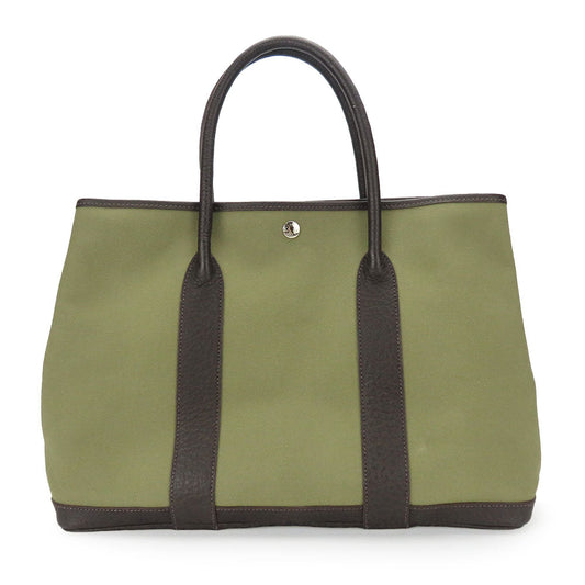 HERMES Tote Bag Canvas, Leather Khaki green Garden party PM unisex(Unisex)