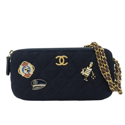 CHANEL Shoulder Bag Cotton, Leather Navy Marin Women