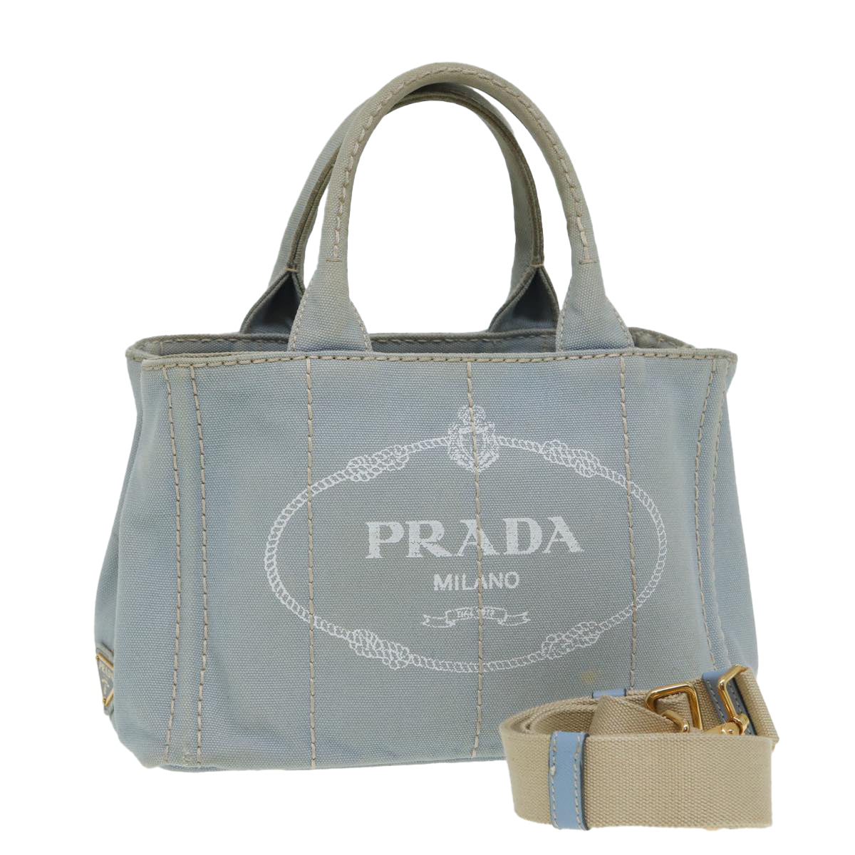 PRADA Canapa PM Hand Bag Canvas Light Blue Auth